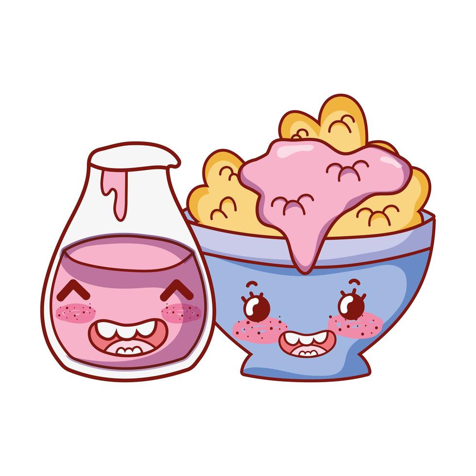 breakfast cute bowl with cereal yogurt bottle cartoon vector