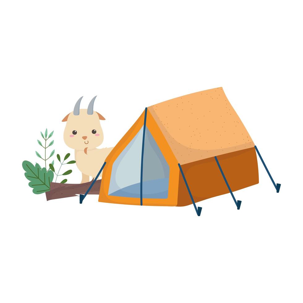 camping linda cabra y carpa arbusto tronco naturaleza dibujos animados vector