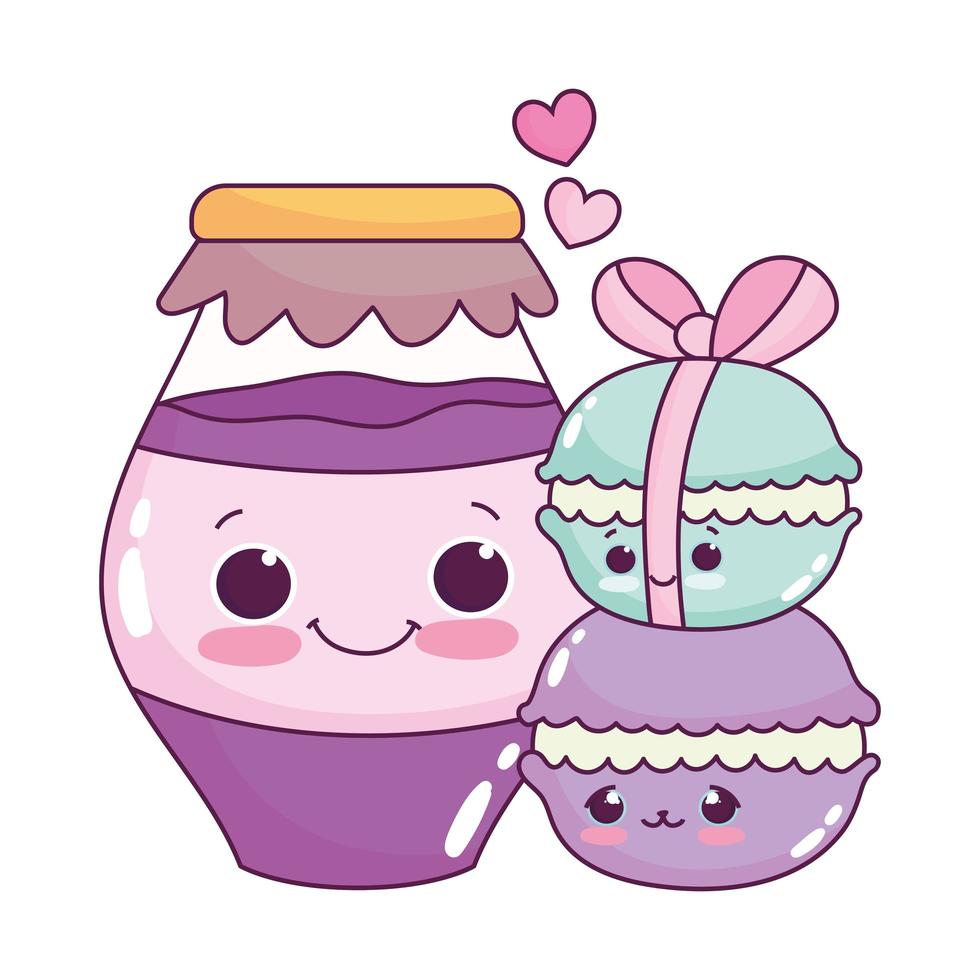 Cute food macarons y jar con mermelada de postre dulce pastelería diseño aislado de dibujos animados vector