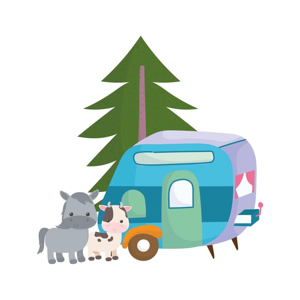 camping cute donkey cow and trailer tree cartoon isolated icon design vector