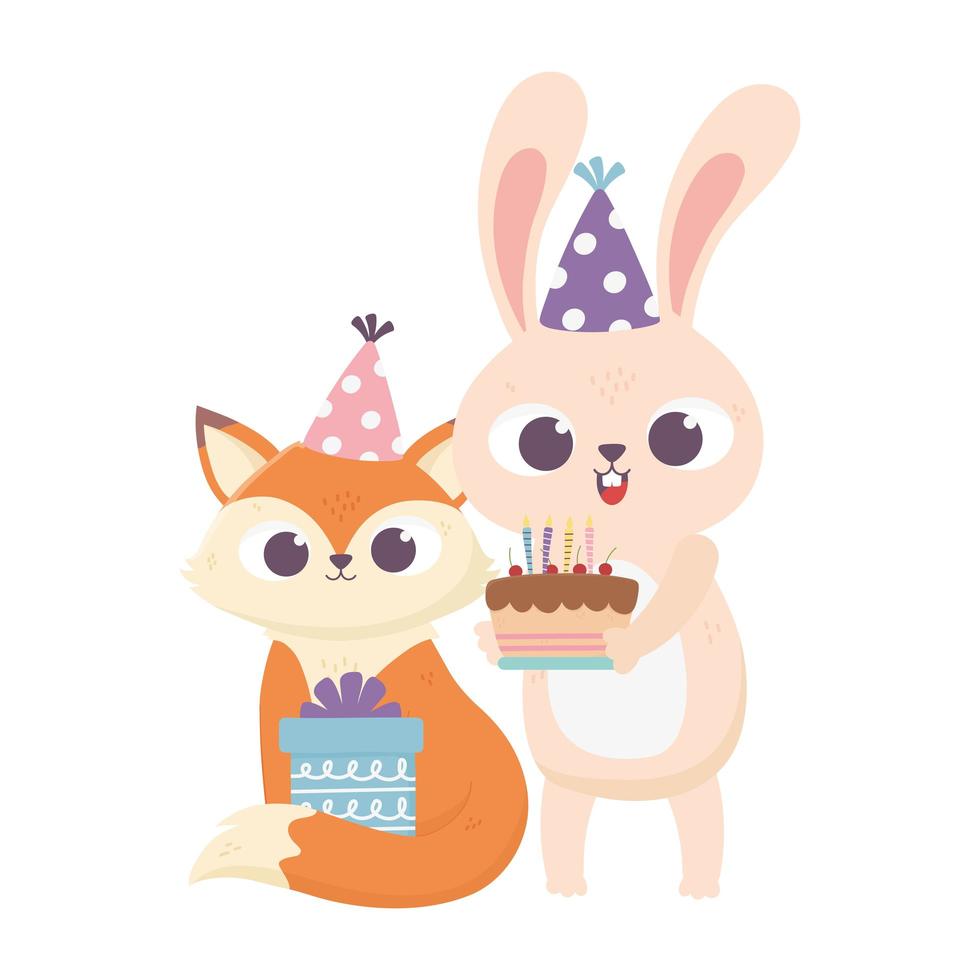 feliz día, conejo zorro con pastel de gorro de fiesta y regalo vector