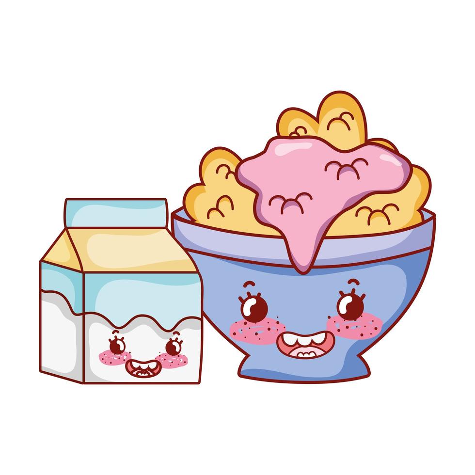 breakfast cute bowl with cereal yogurt and milk box cartoon vector