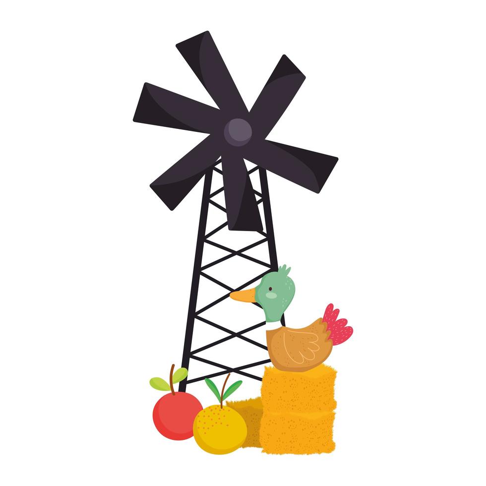 farm animals duck in hay fruits windmill cartoon vector