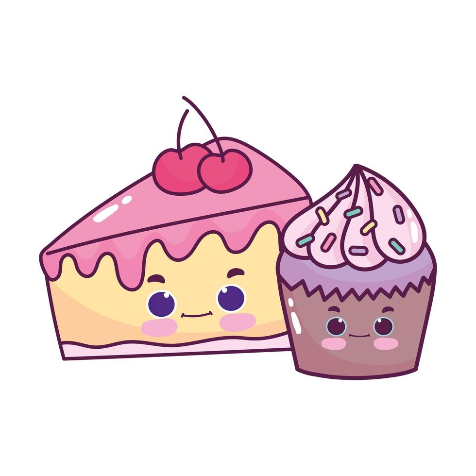 Cute food cupcake y slice cake cereza postre dulce pastelería dibujos animados diseño aislado vector