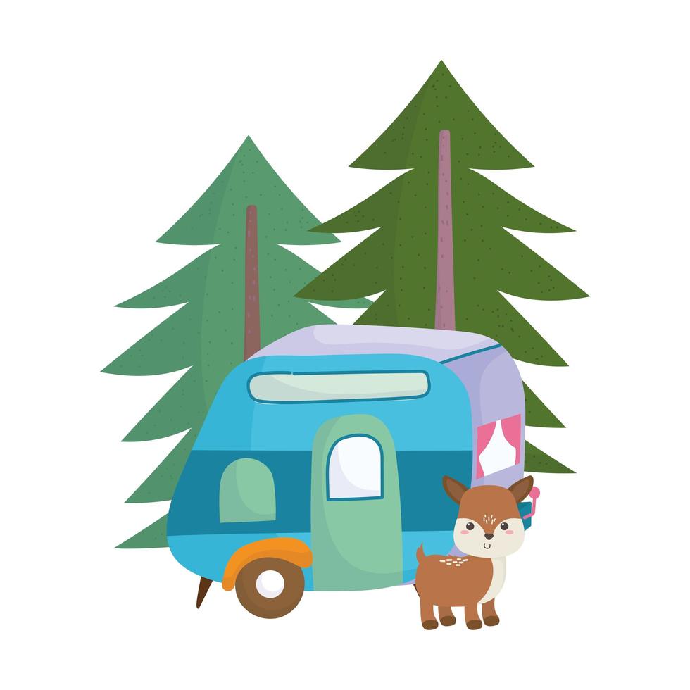 camping cute deer trailer trees forest cartoon isolated icon design vector