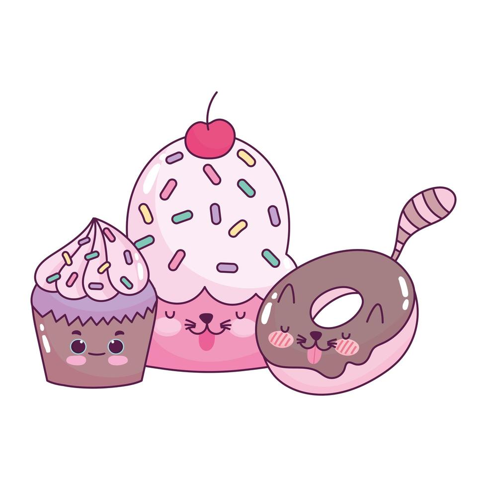 Cute food chocolate donut y cupcakes postre dulce pastelería dibujos animados diseño aislado vector