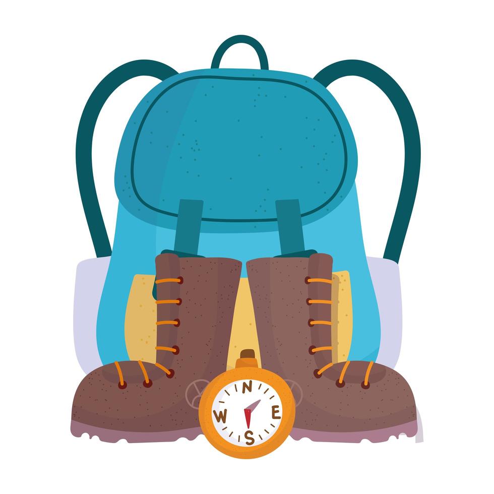 camping backpack boots and compass equipment cartoon vector