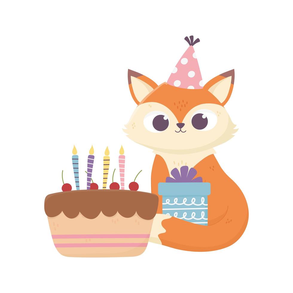 feliz día, pequeño zorro sentado con regalo y pastel vector