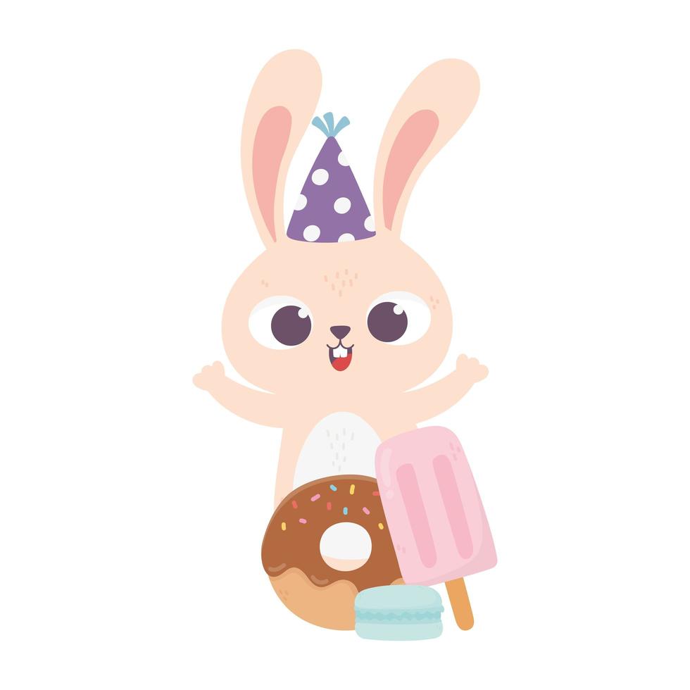 happy day, rabbit with party hat donut and ice cream in stick vector