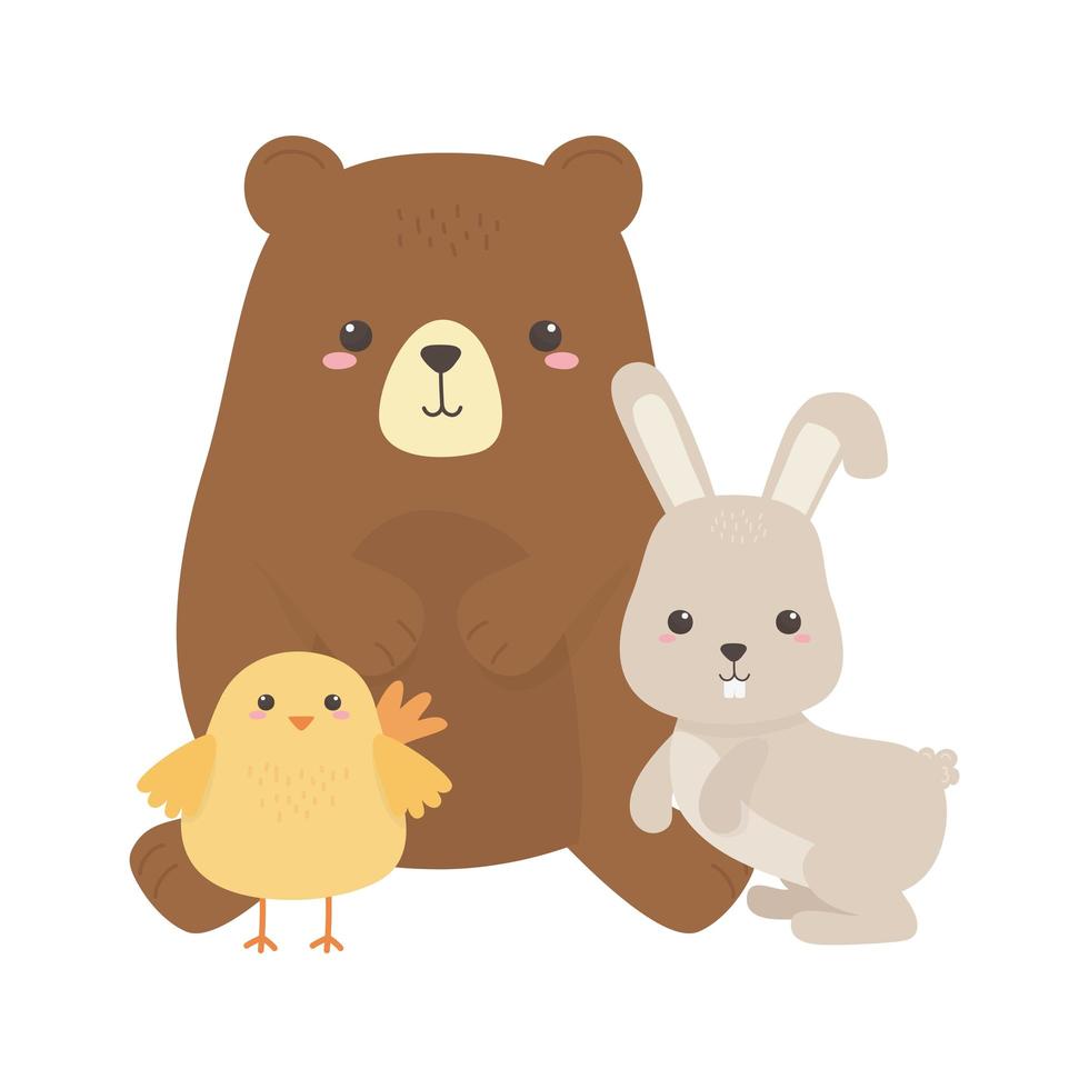 Lindo oso pollo y conejo diseño aislado de dibujos animados de animales pequeños vector