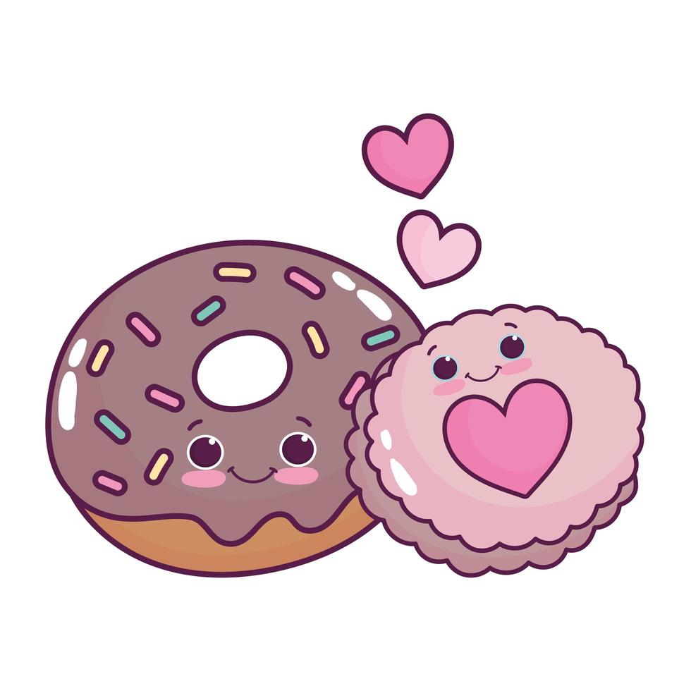 lindo alimento chocolate donut y galleta amor corazón dulce postre pastelería dibujos animados diseño aislado vector