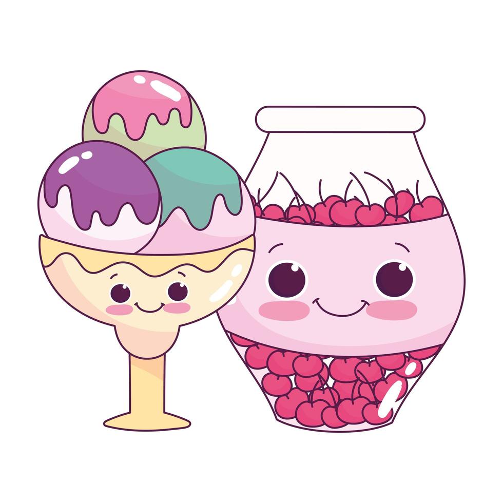 Cute food ice cream scoops y jar con cerezas postre dulce pastelería diseño aislado de dibujos animados vector