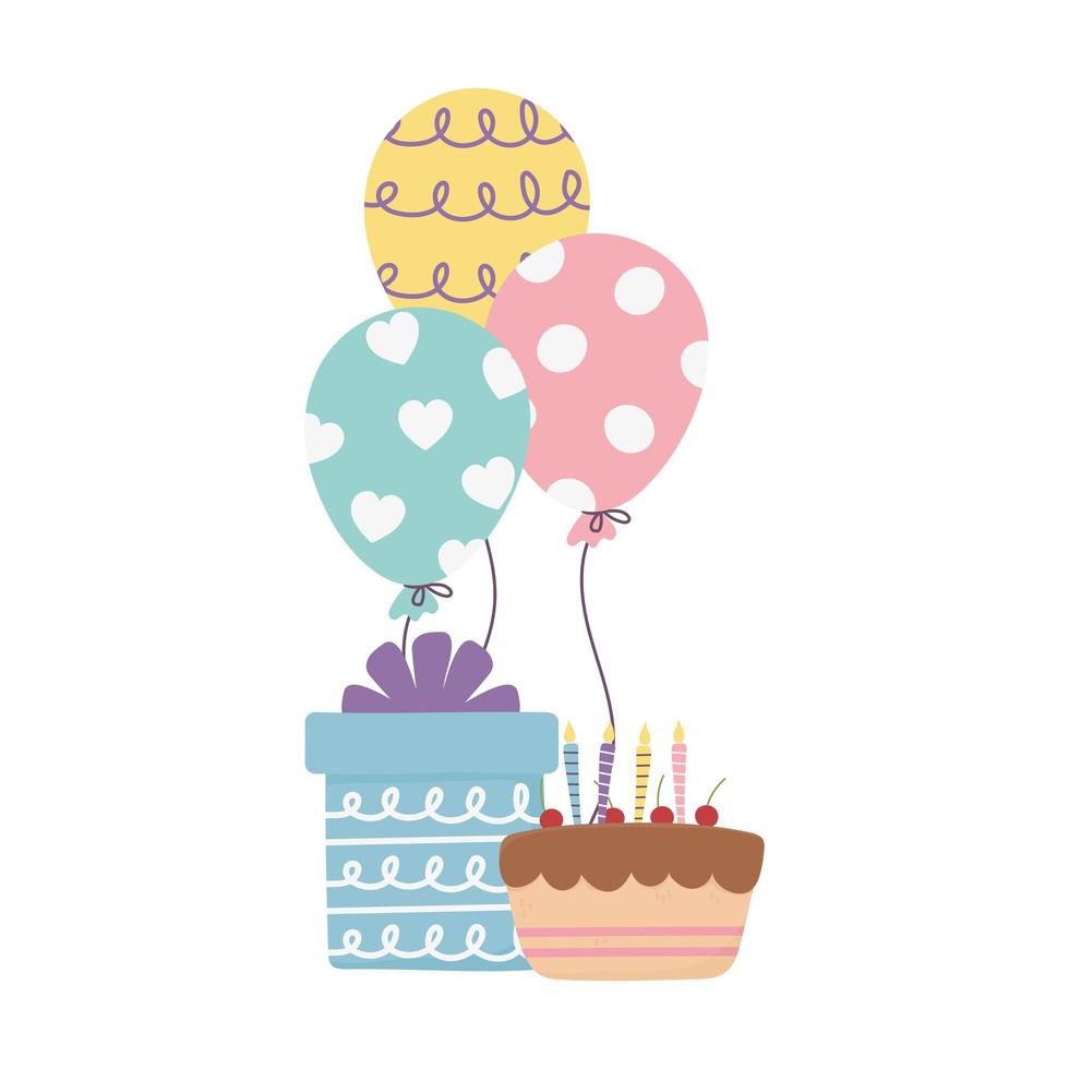 feliz dia, tarta con velas de regalo y globos en forma de haerts vector