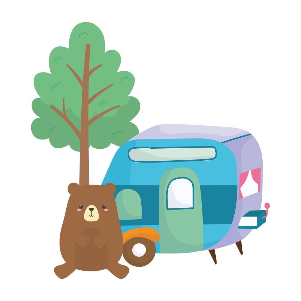 camping cute bear trailer tree cartoon isolated icon design vector