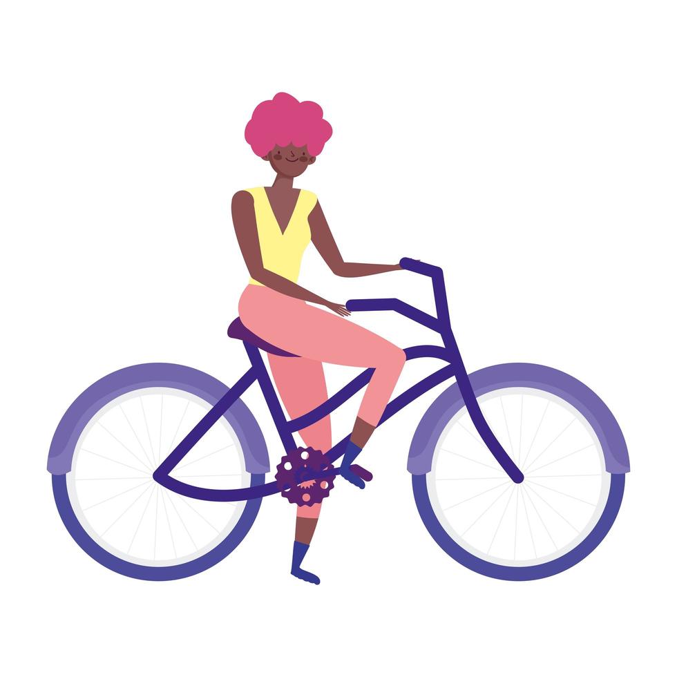 young woman riding bicycle recreational isolated icon vector