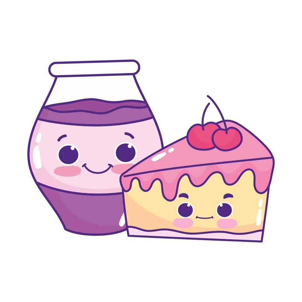 Lindo pastel de rebanada de comida y tarro con mermelada postre dulce pastelería diseño aislado de dibujos animados vector