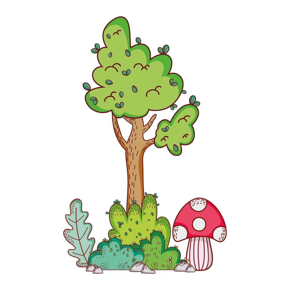 tree mushroom branch leaves foliage nature cartoon vector