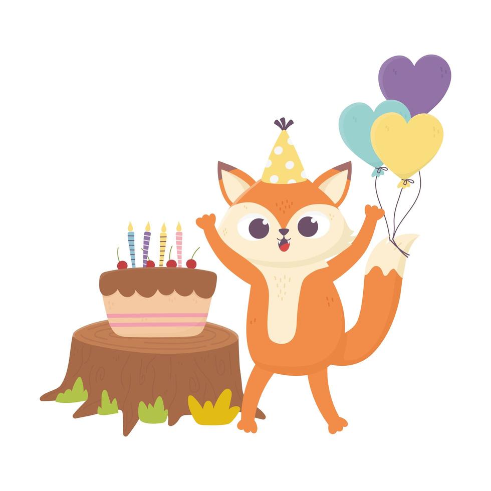 happy day, little fox with hat cake and balloons vector