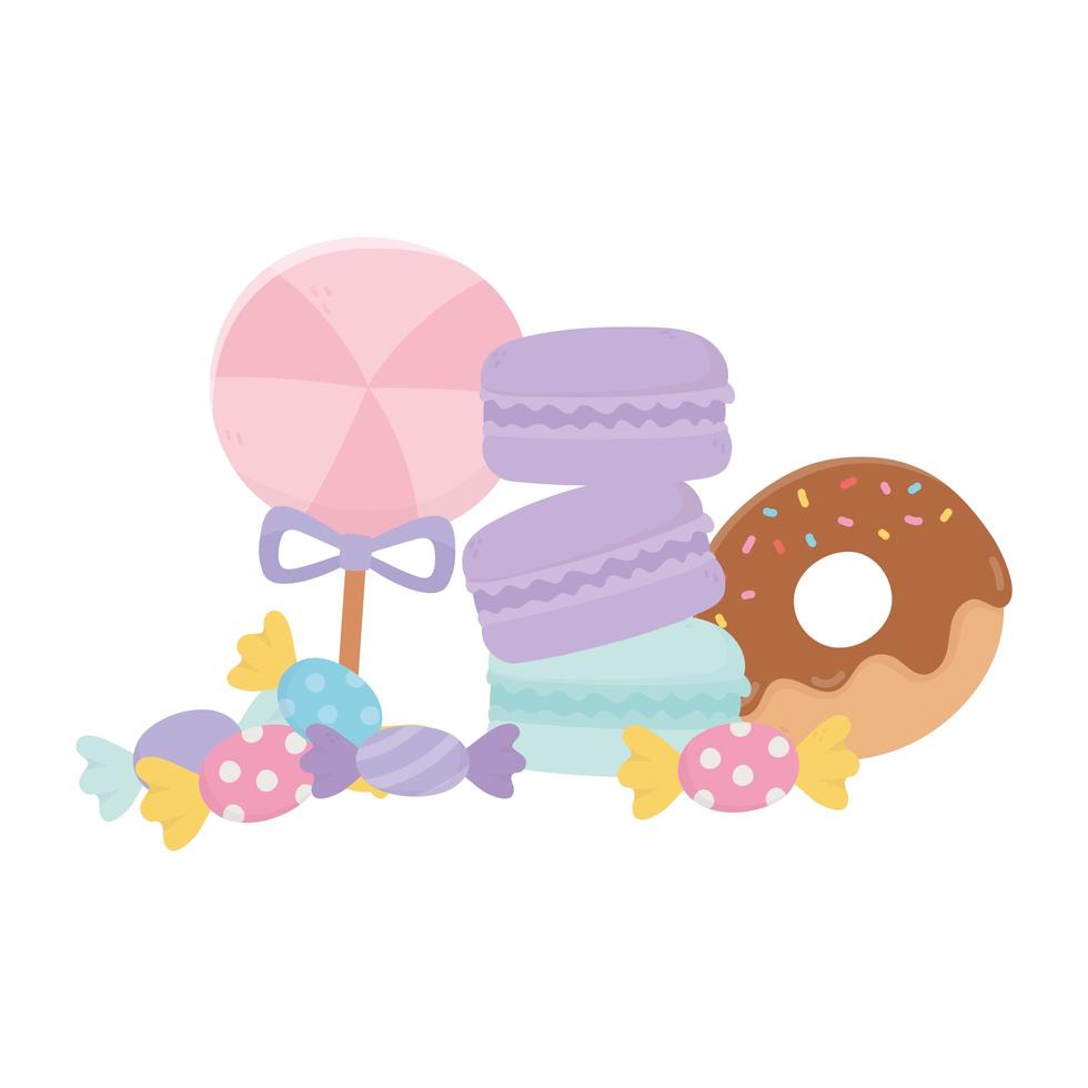 Dulces en palo caramelos rosquillas y macarrones dulce confitería icono aislado vector