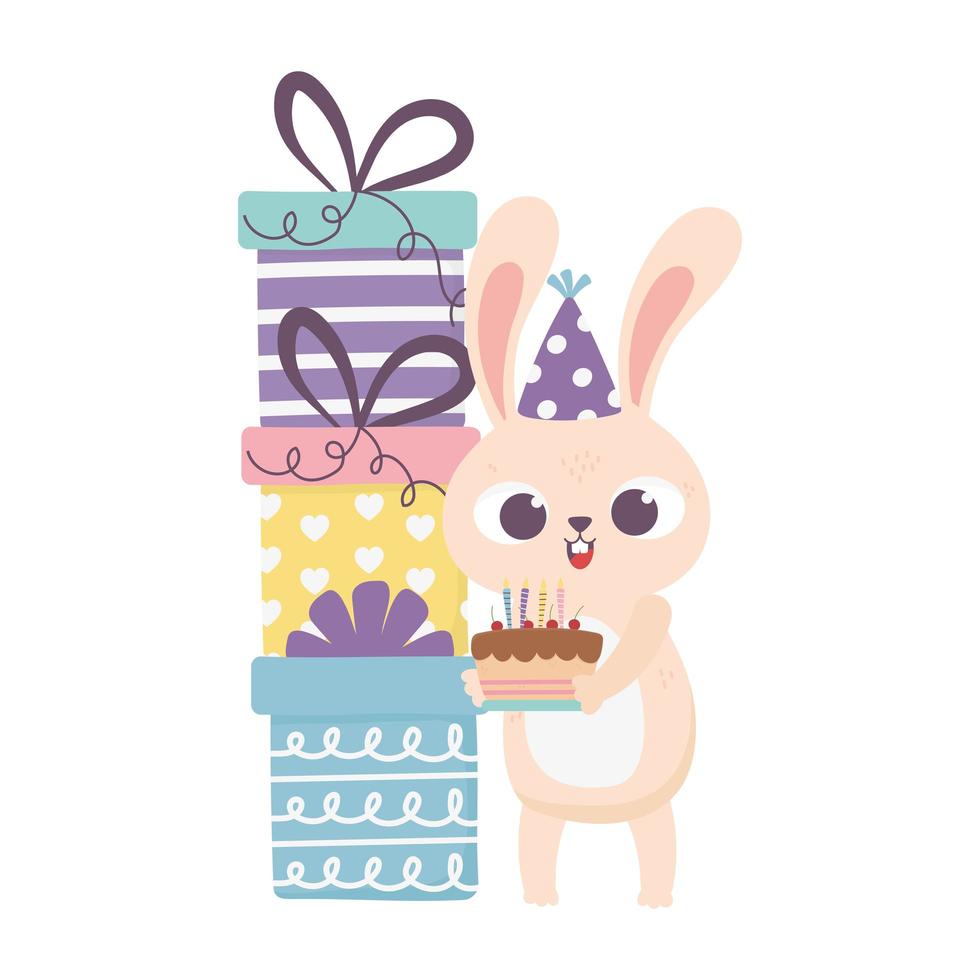 happy day, rabbit with party hat cake stacked gifts and balloons vector