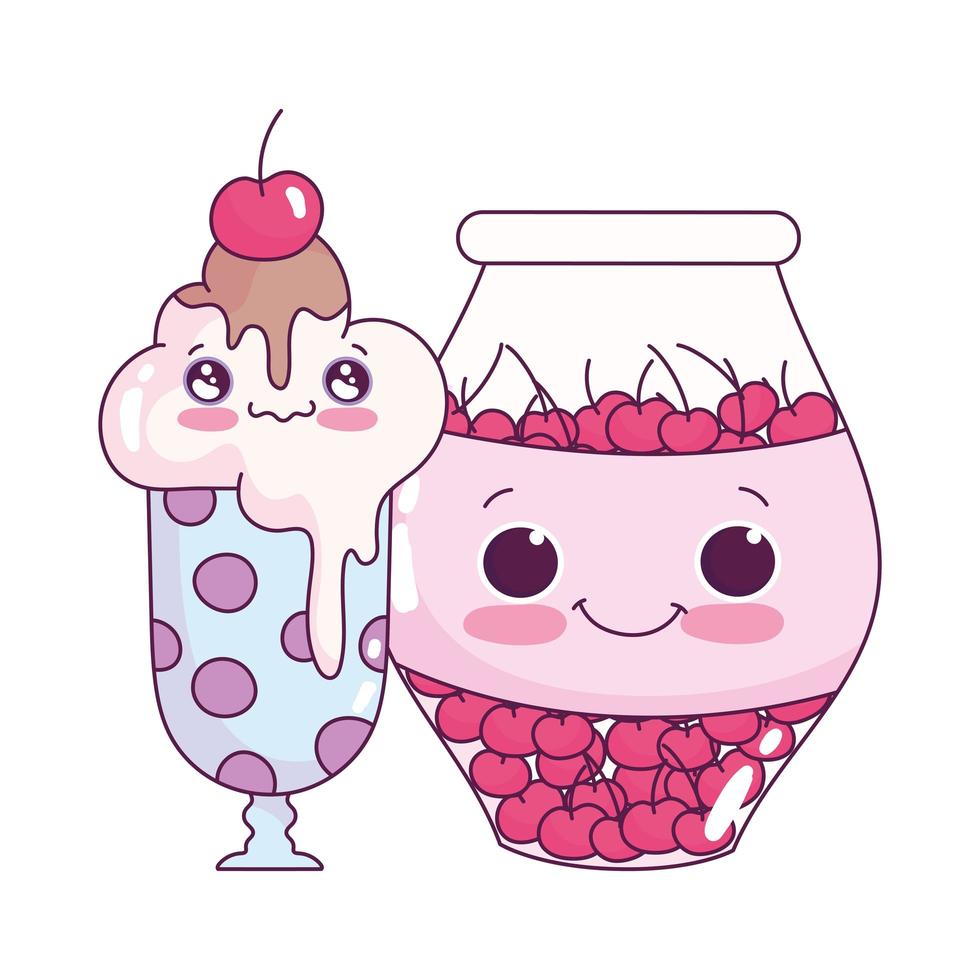 Lindo vaso de helado de comida y frasco con cerezas postre dulce pastelería diseño aislado de dibujos animados vector