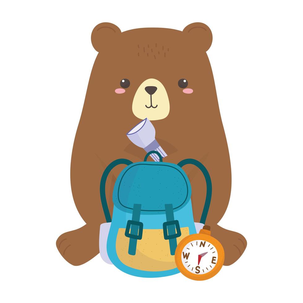 camping lindo oso con brújula mochila linterna dibujos animados vector