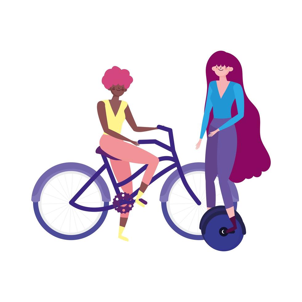 Transporte ecológico, mujeres jóvenes en monociclo y bicicleta. vector