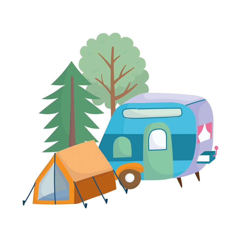 camping tent trailer forest trees greenery cartoon vector