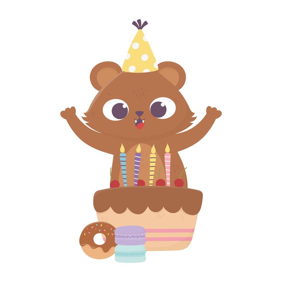 happy day, little bear with party hat cake and donut vector