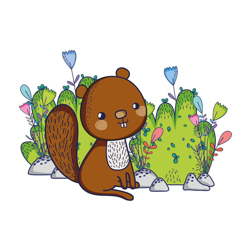 cute animals, squirrel flowers foliage bush nature vector