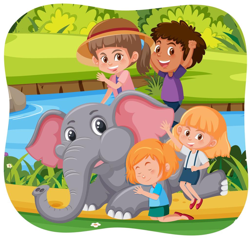 Happy kids with animals in nature background vector