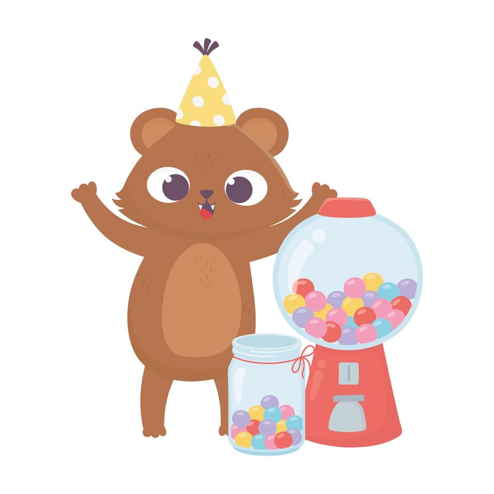 happy day, little bear and fox with hat and sweet candies vector