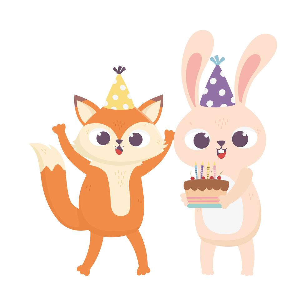 happy day, fox rabbit with cake and party hat vector