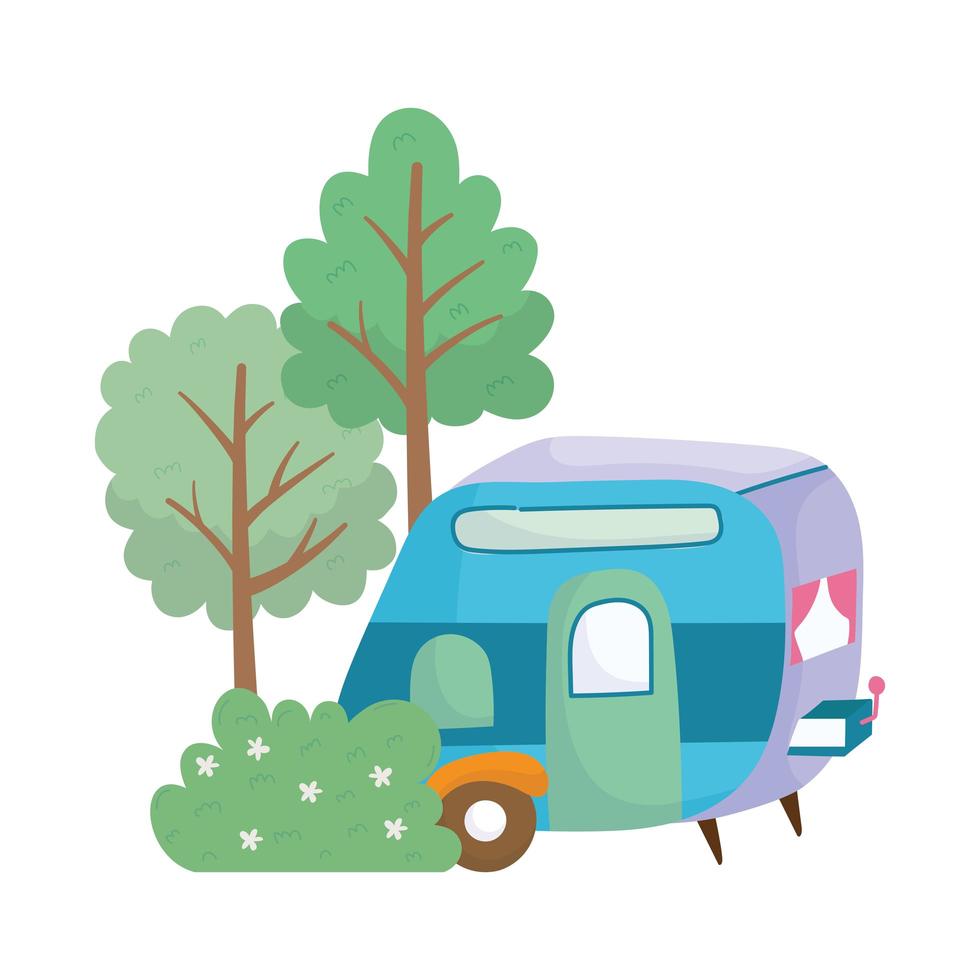 camping trailer flowers bush trees grass cartoon vector