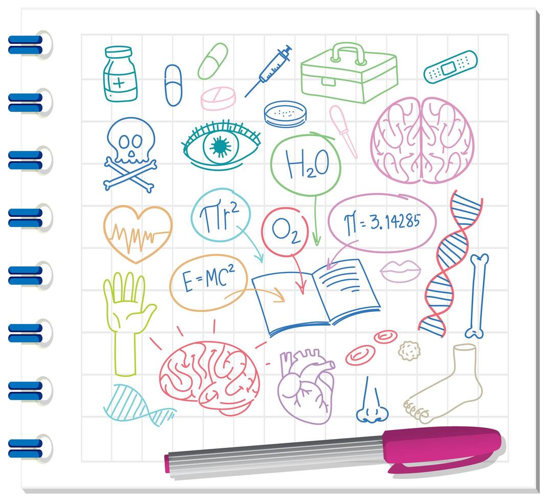 Set of medical science element doodle on notebook vector