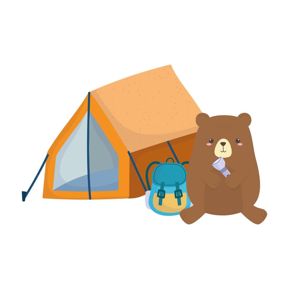 camping lindo oso con mochila linterna carpa bosque vector