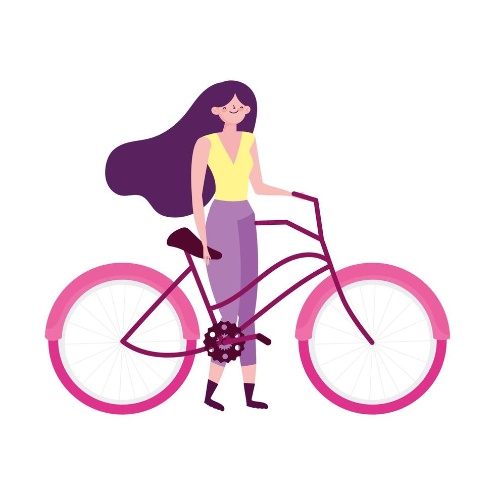 mujer joven, con, bicicleta, recreativo, aislado, icono vector