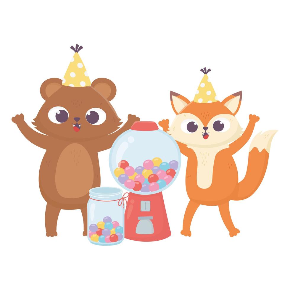 feliz dia osito con sombrero y dulces caramelos vector