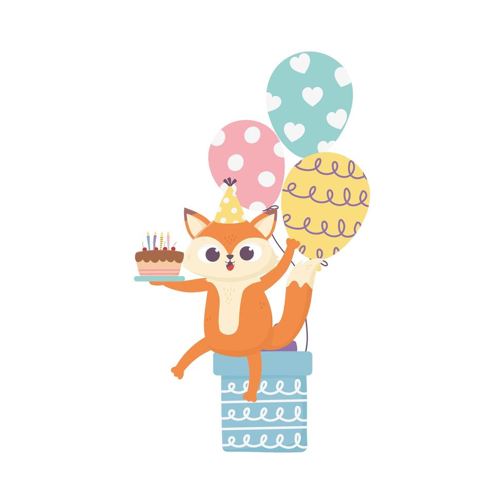 feliz día, pequeño zorro sentado en regalo con pastel globos banderines vector