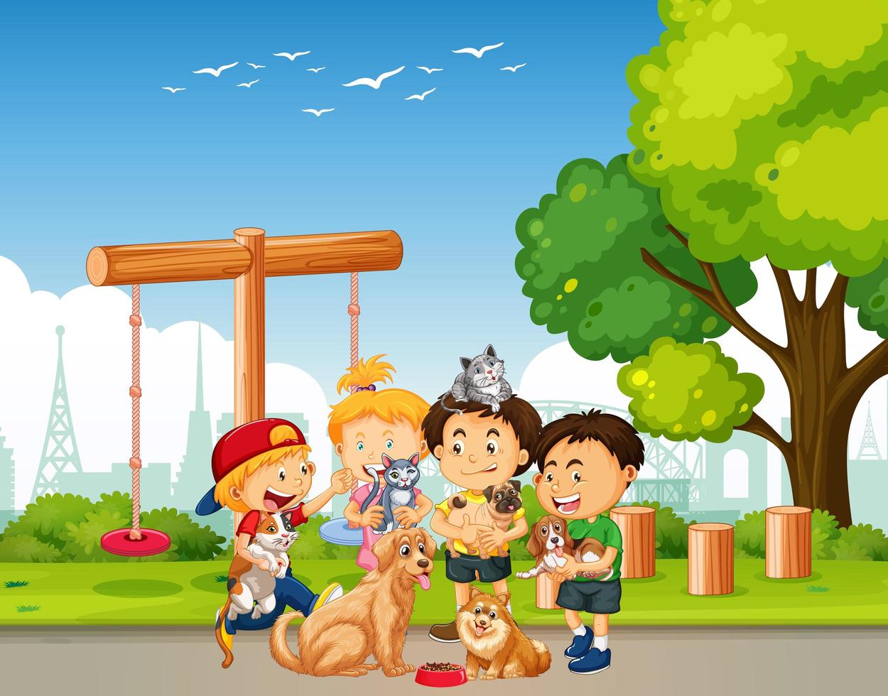 Group of pet with owner in playground scene vector