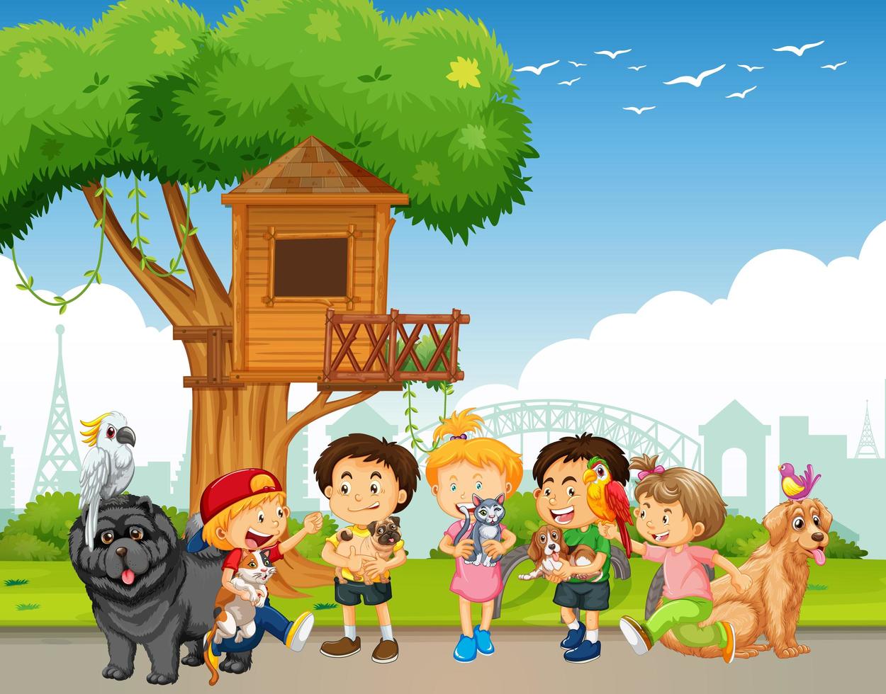 Group of pet with owner in the park scene vector