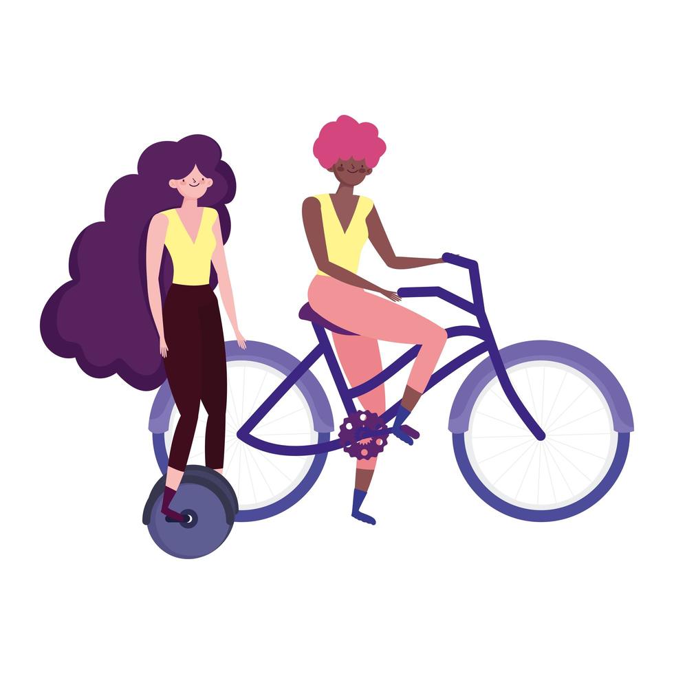 eco friendly transport, young women talking and riding unicycle and bike vector