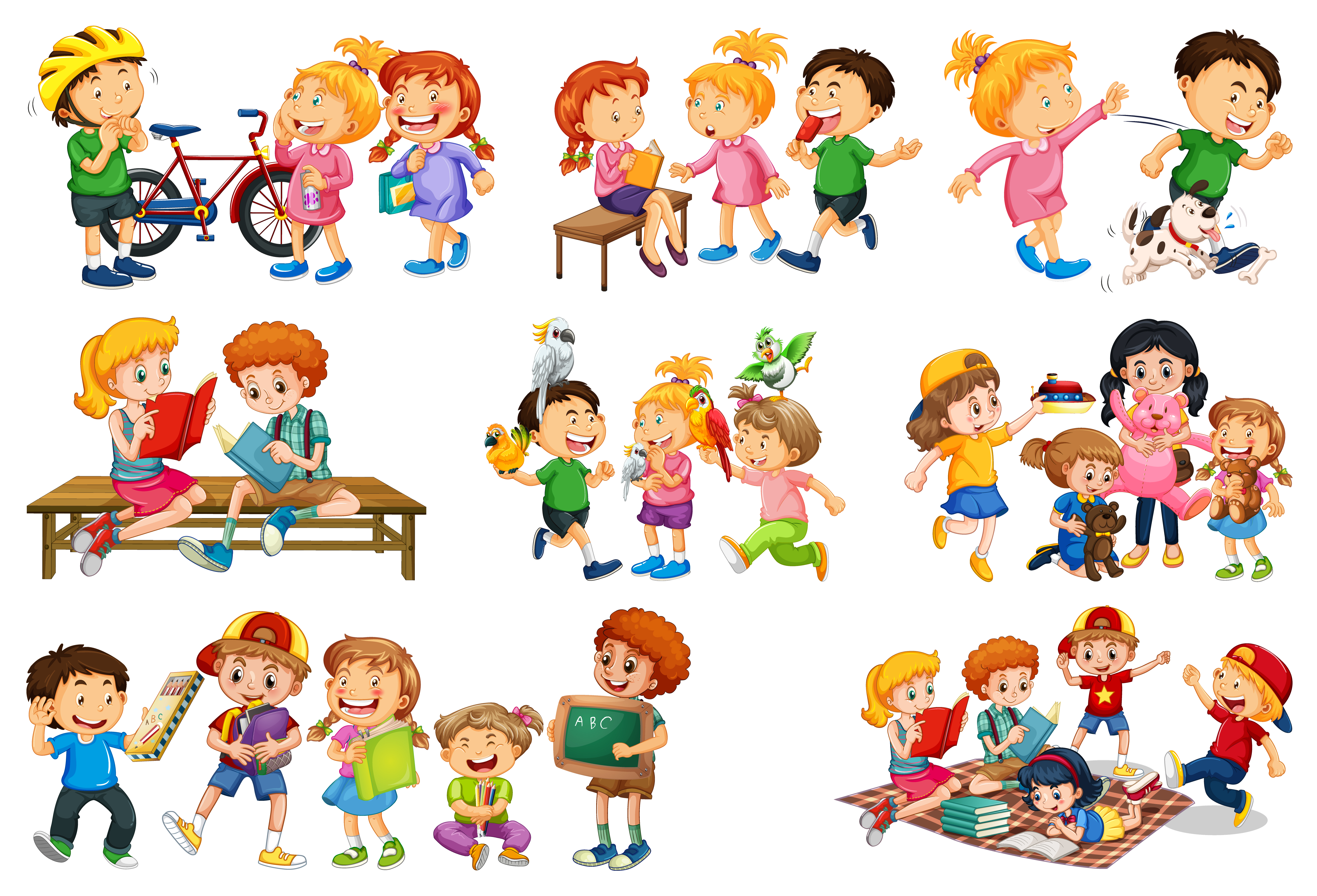 Niños jugando a diferentes juegos y juguetes. personajes ambientados en  estilo de dibujos animados. juego infantil con juguetes, personajes,  ilustración de juegos de niñas y niños