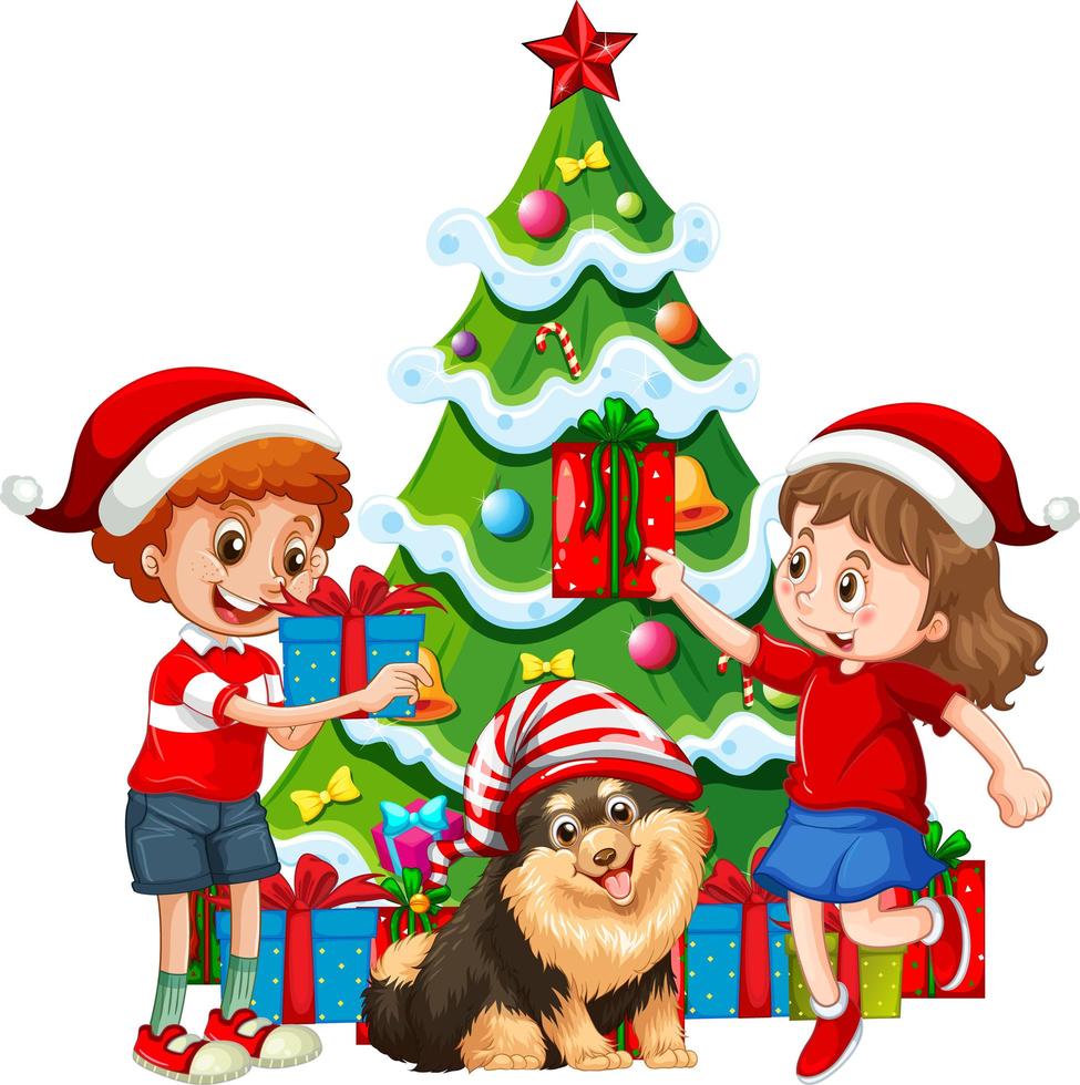 Grupo de niños con su perro vistiendo traje de Navidad personaje de dibujos animados sobre fondo blanco. vector