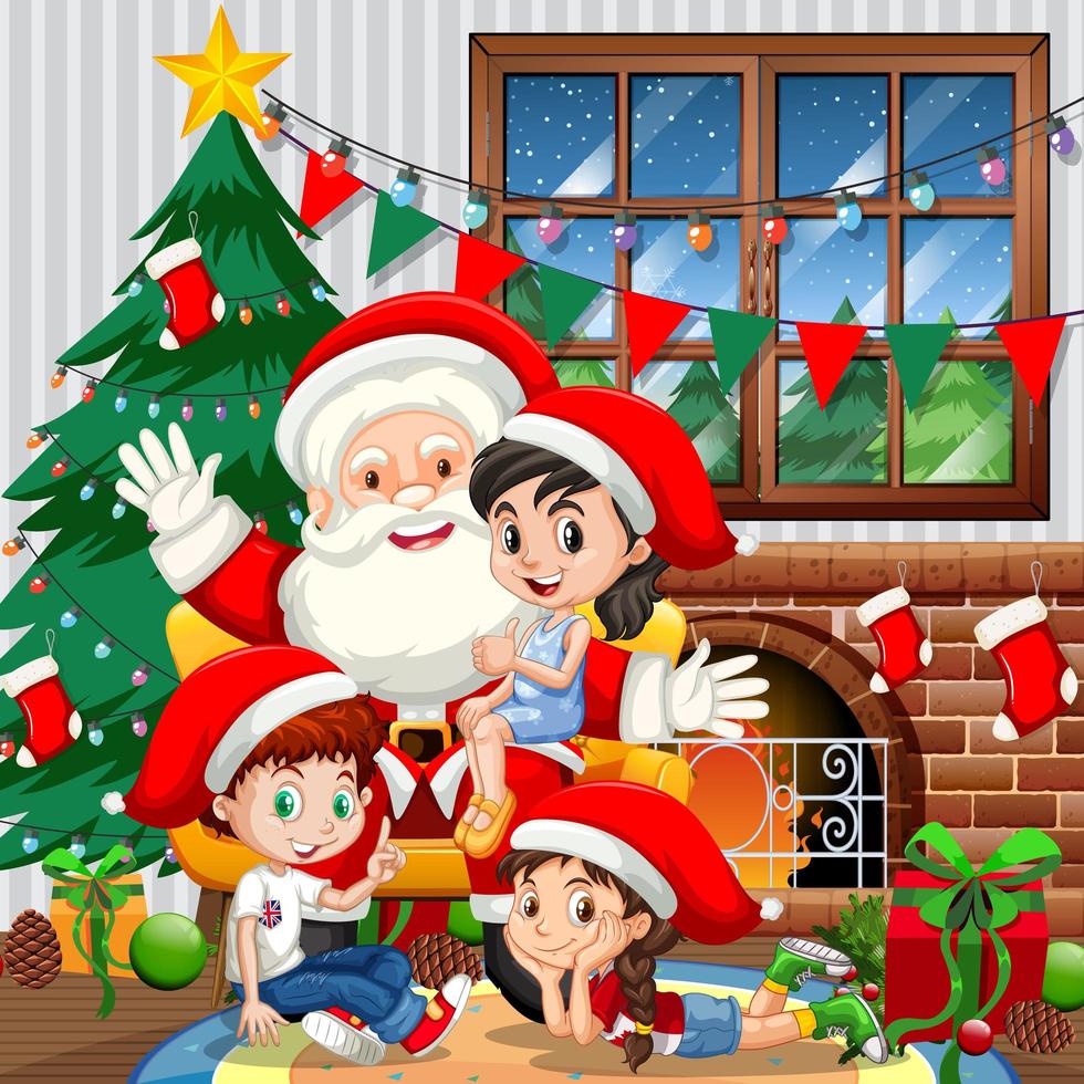 santa claus con muchos niños en la escena de la habitación vector