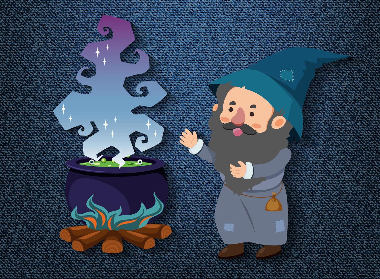 Little wizard cartoon character with potion pot vector