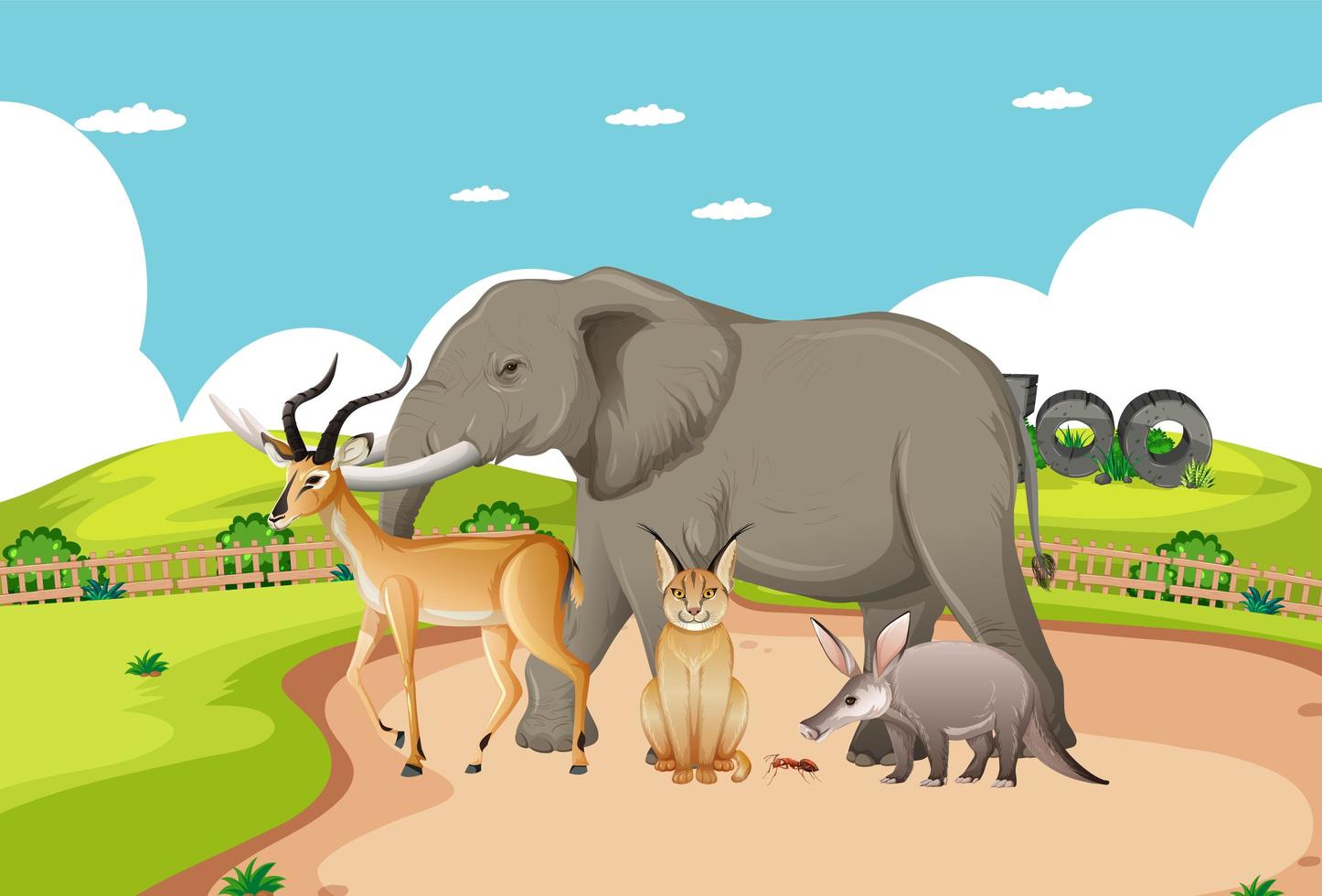 Grupo de animales salvajes africanos en la escena del zoológico vector