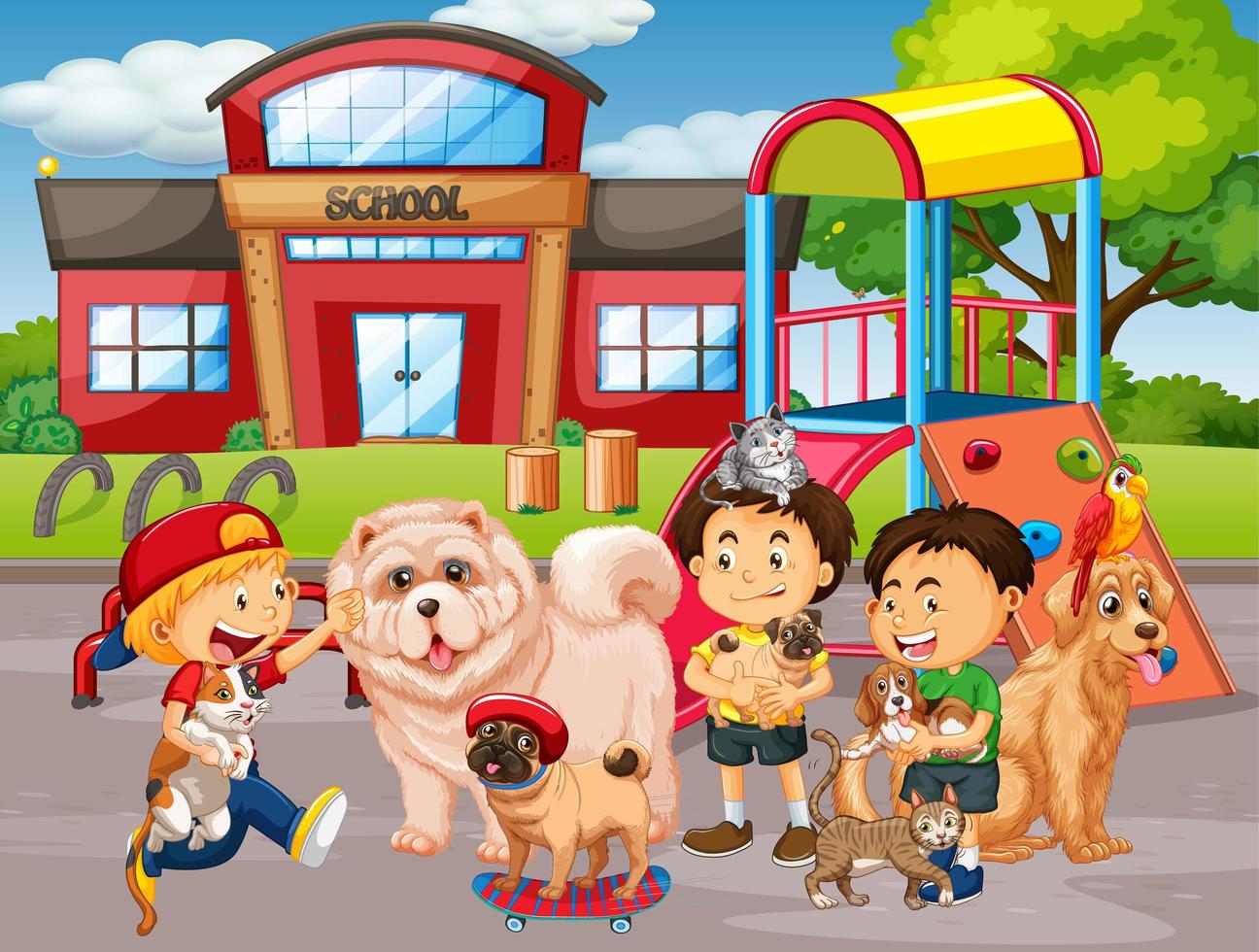 Escena al aire libre de la escuela con un grupo de mascotas y niños. vector