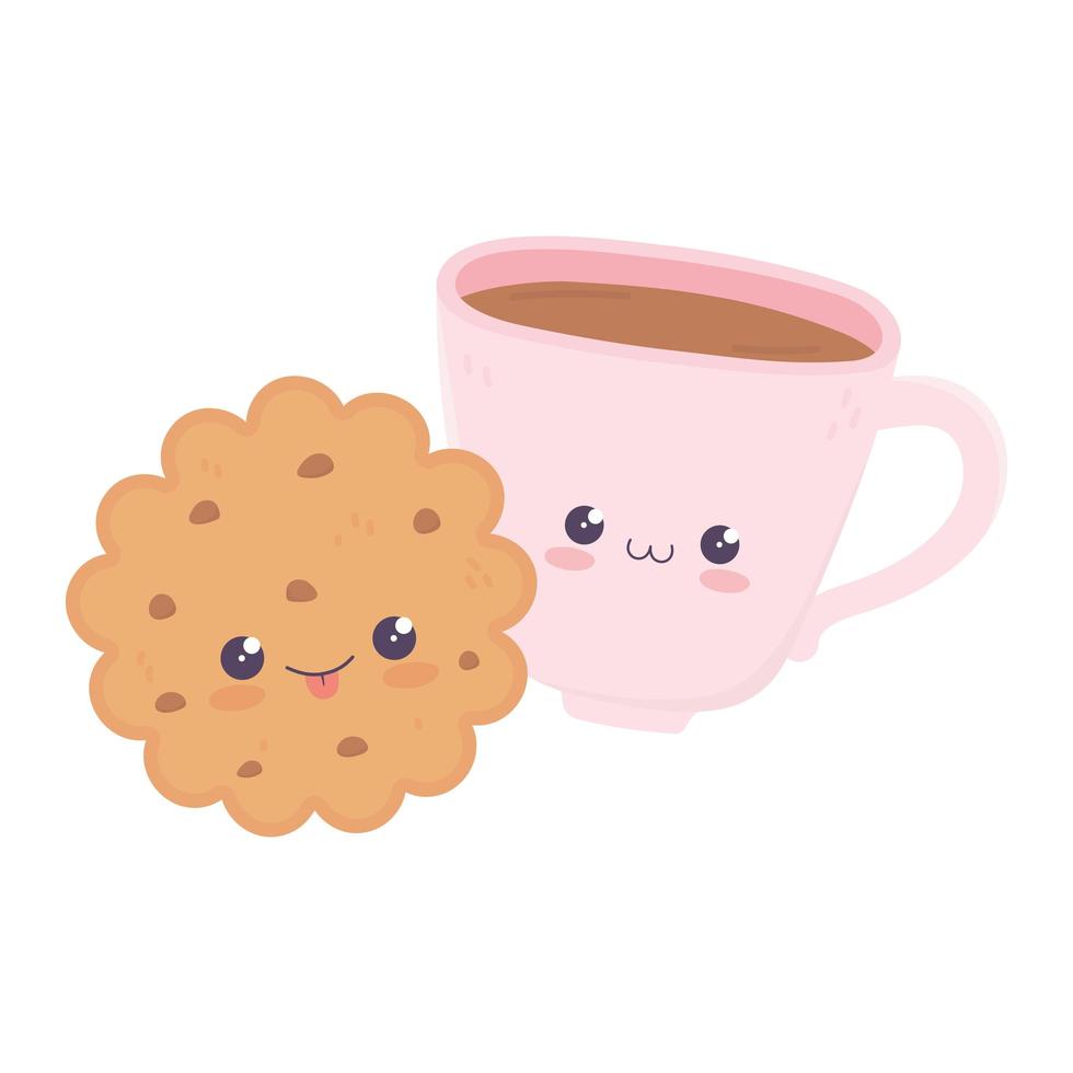 Linda taza de café y cookie personaje de dibujos animados kawaii vector