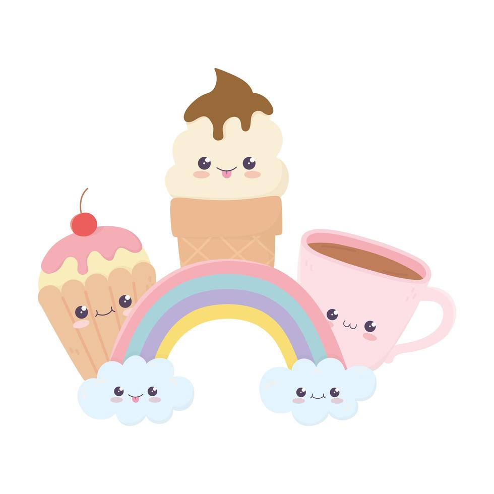 cute cupcake ice cream coffee cup and rainbow kawaii cartoon character vector